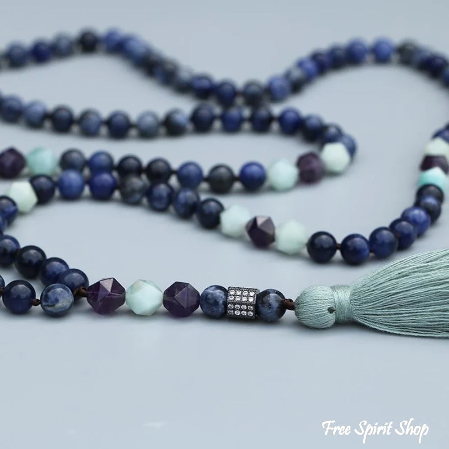 Natural Sodalite Amazonite & Amethyst Bead Mala Necklace - Image 3
