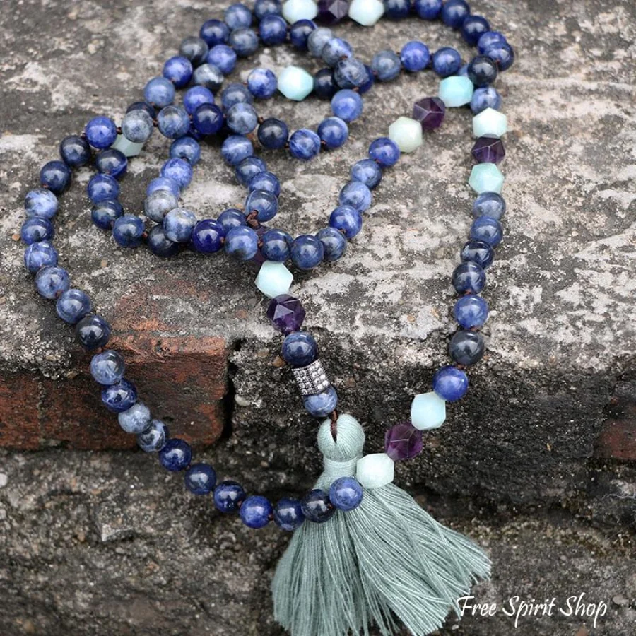 Natural Sodalite Amazonite & Amethyst Bead Mala Necklace - Image 4
