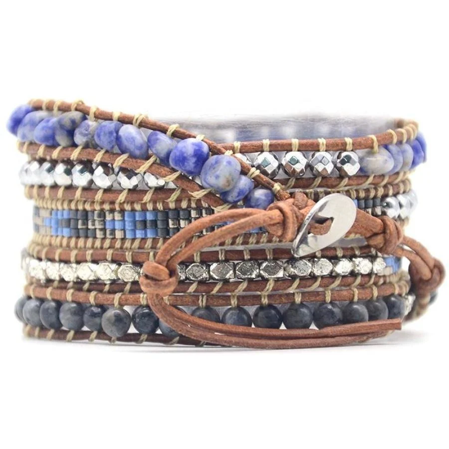 Natural Sodalite, Labradorite & Hematite Stone Leather Wrap Bracelet - Image 3