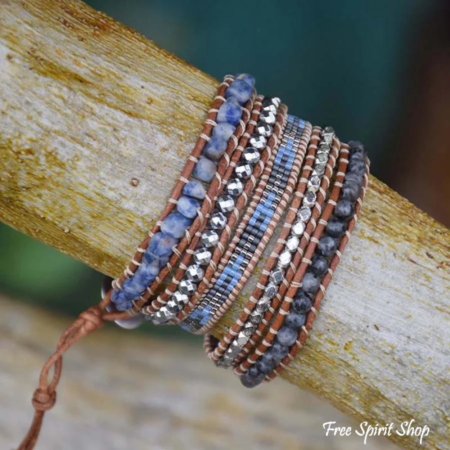 Natural Sodalite, Labradorite & Hematite Stone Leather Wrap Bracelet - Image 4