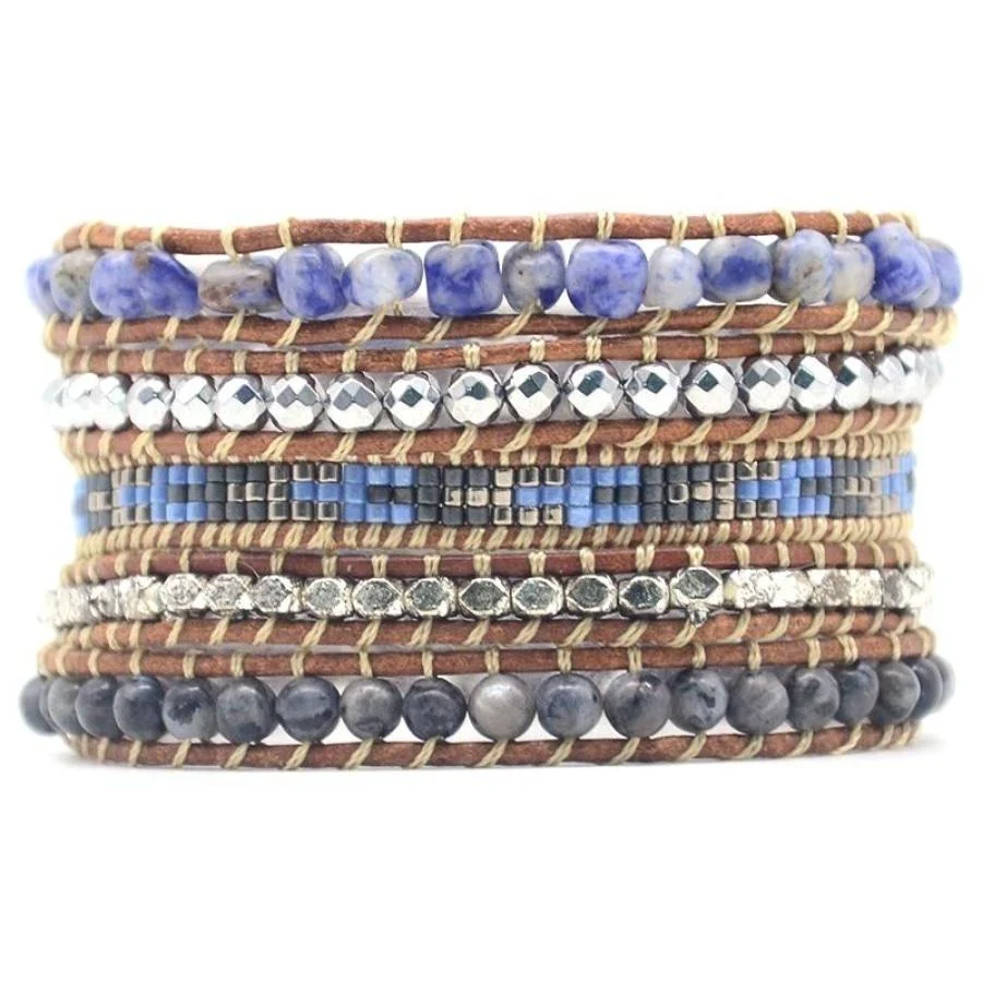 Natural Sodalite, Labradorite & Hematite Stone Leather Wrap Bracelet - Image 5