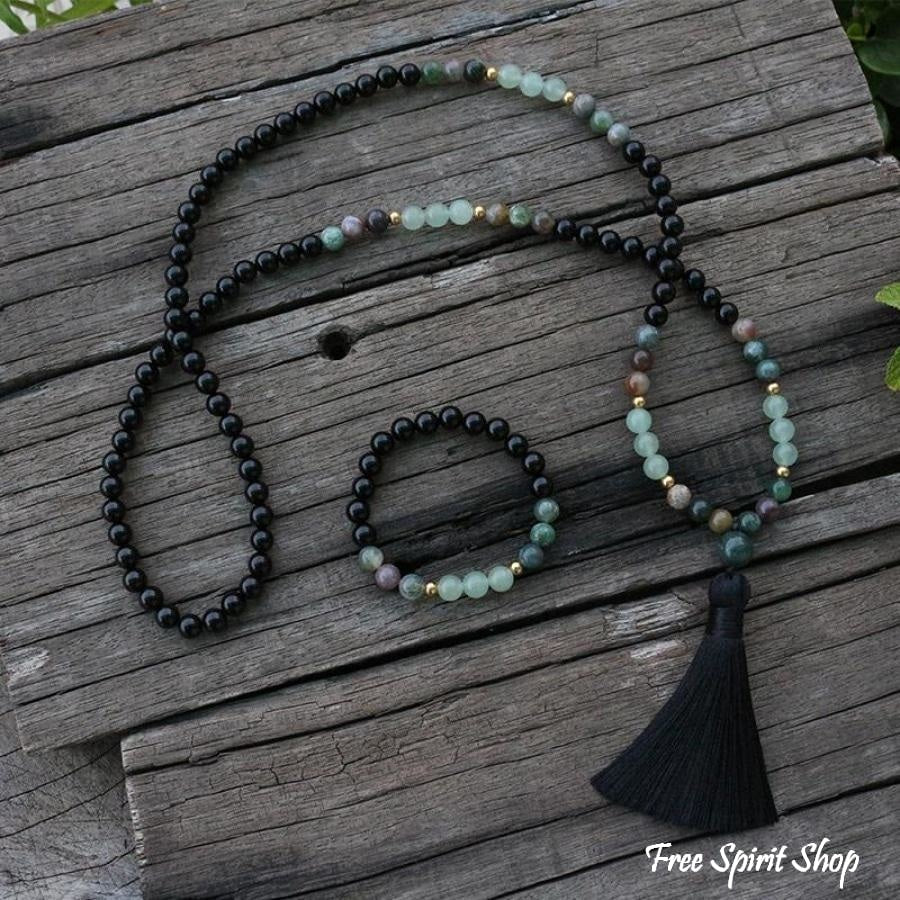 Natural Black Onyx, Indian Agate and Aventurine Bead Bracelet / Necklace - Image 3