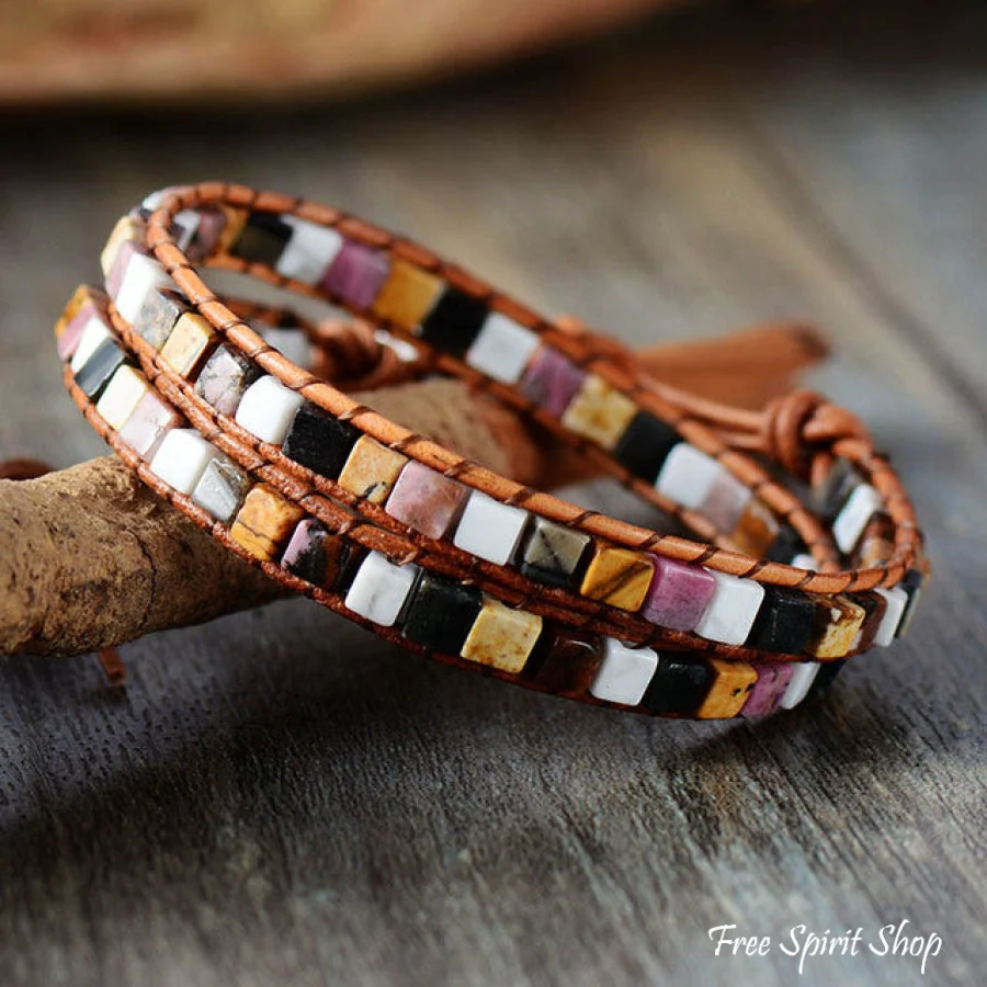Natural Jasper Semi-Precious Stone Two Layer Leather Bracelet - 6 Colours - Image 3