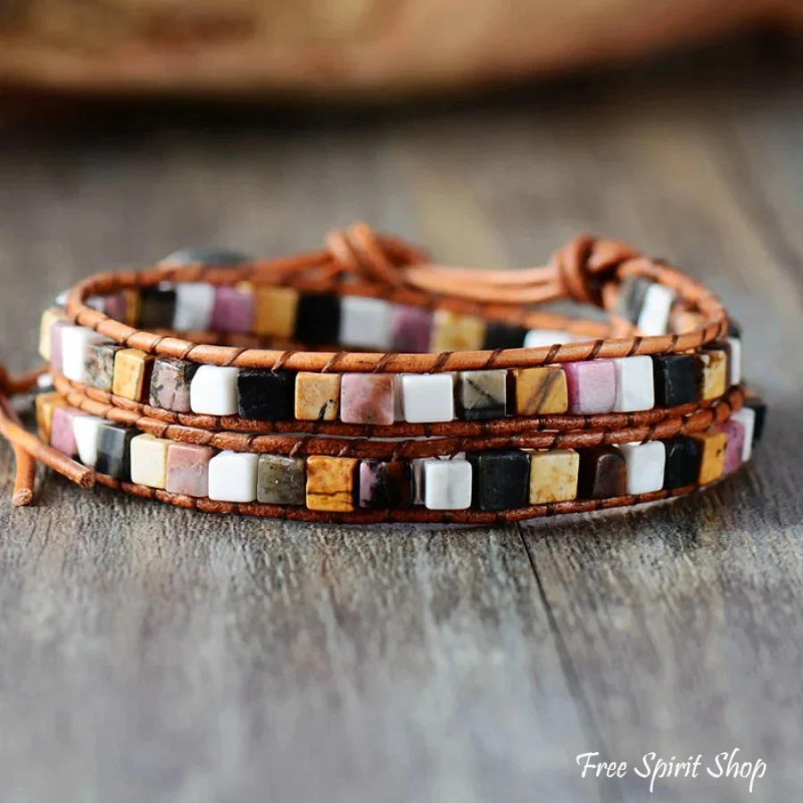 Natural Jasper Semi-Precious Stone Two Layer Leather Bracelet - 6 Colours - Image 4