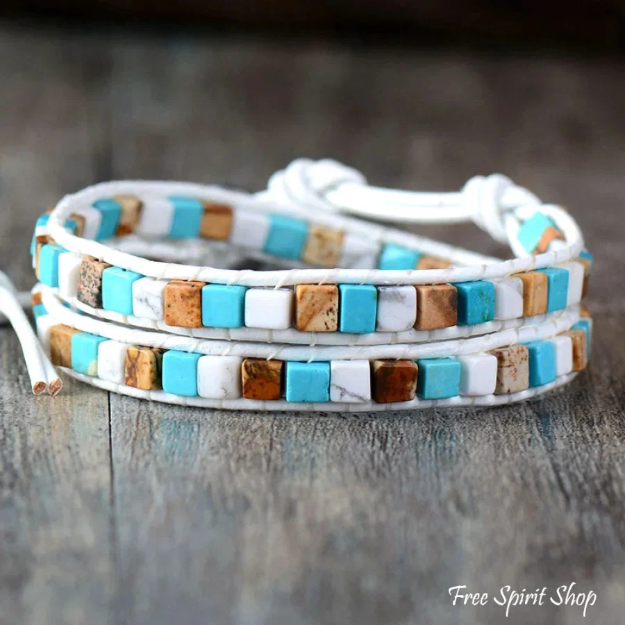 Natural Jasper Semi-Precious Stone Two Layer Leather Bracelet - 6 Colours - Image 5