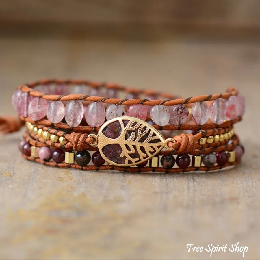Natural Strawberry Quartz & Garnet Wrap Bracelet - Image 3