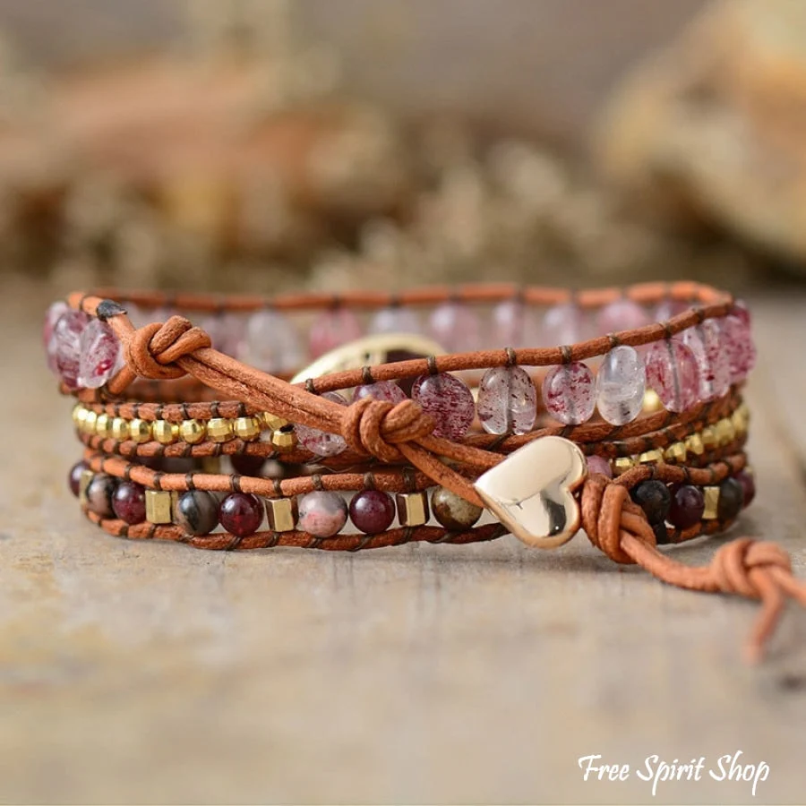 Natural Strawberry Quartz & Garnet Wrap Bracelet - Image 4