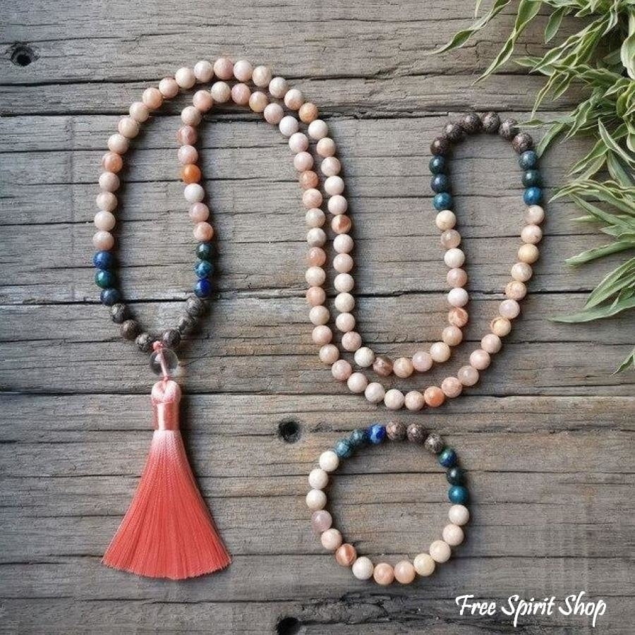 Natural Sunstone & Chrysocolla Mala Bead Necklace / Bracelet - Image 3