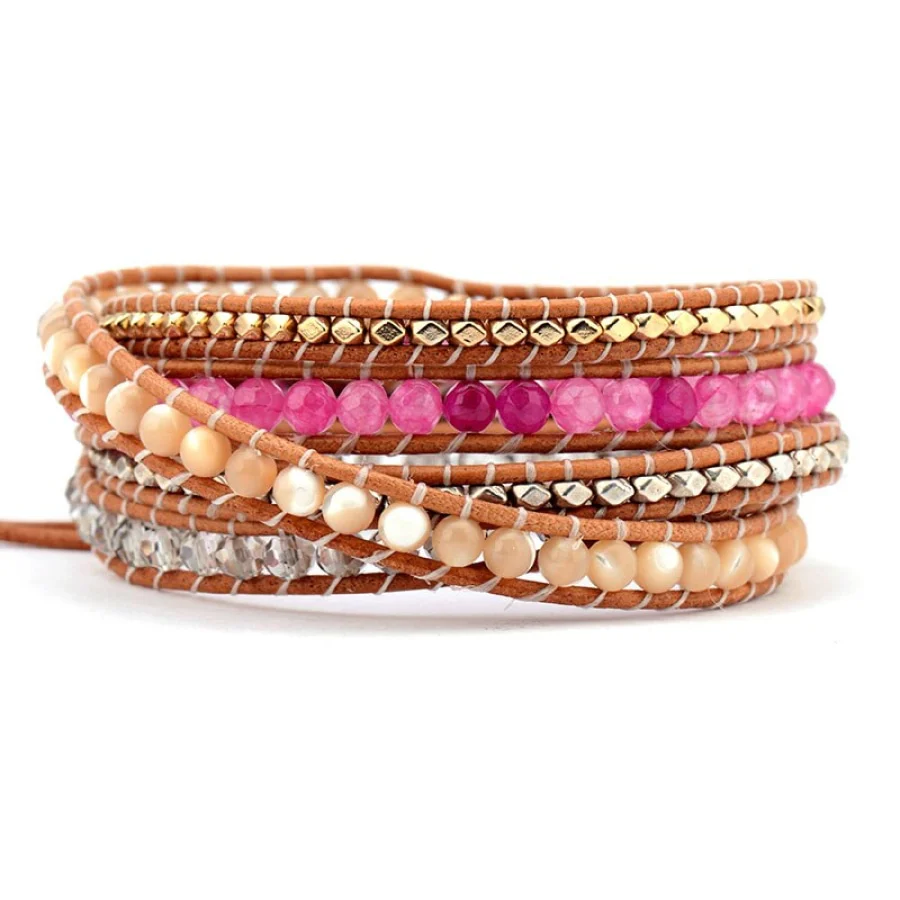 Natural Sunstone & Pink Bead Wrap Bracelet - Image 2