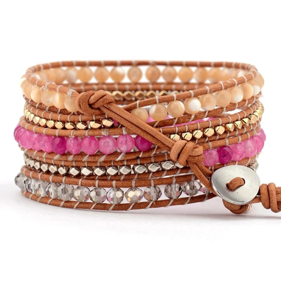 Natural Sunstone & Pink Bead Wrap Bracelet - Image 3