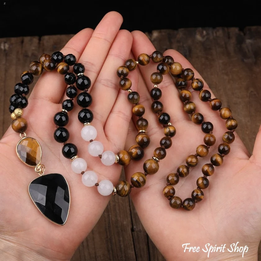 Natural Tiger Eye & Black Onyx Gemstone Bead Necklace - Image 2