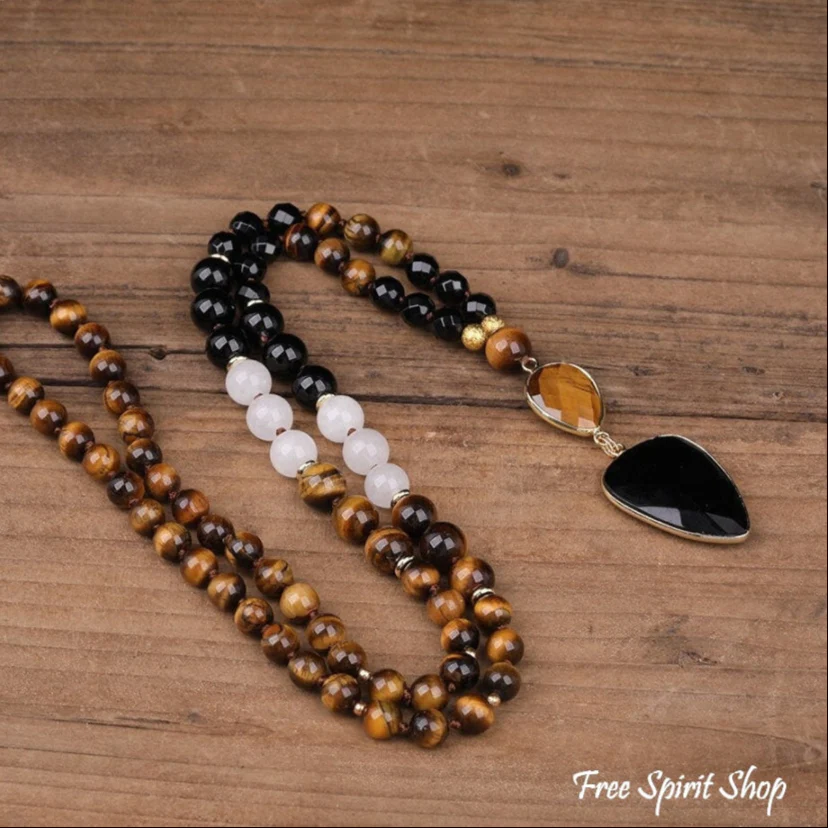 Natural Tiger Eye & Black Onyx Gemstone Bead Necklace - Image 3