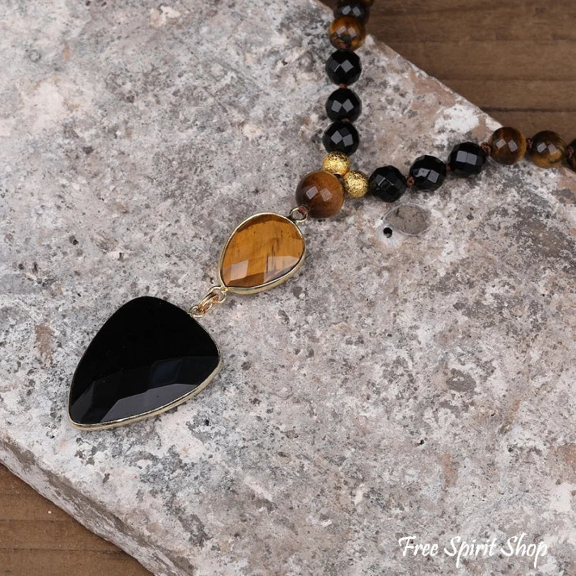 Natural Tiger Eye & Black Onyx Gemstone Bead Necklace - Image 4