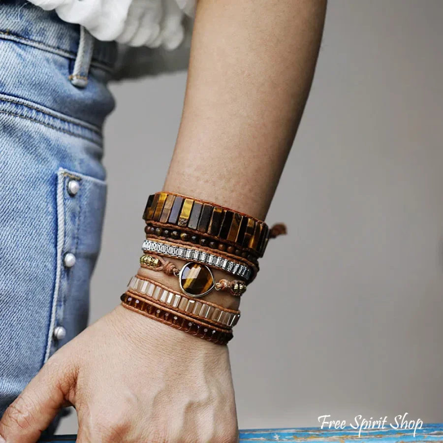 Natural Tiger Eye & Brown Bead Wrap Bracelet - Image 2