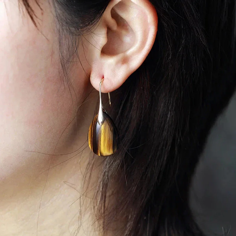 Natural Tiger Eye Drop Earrings - Image 2