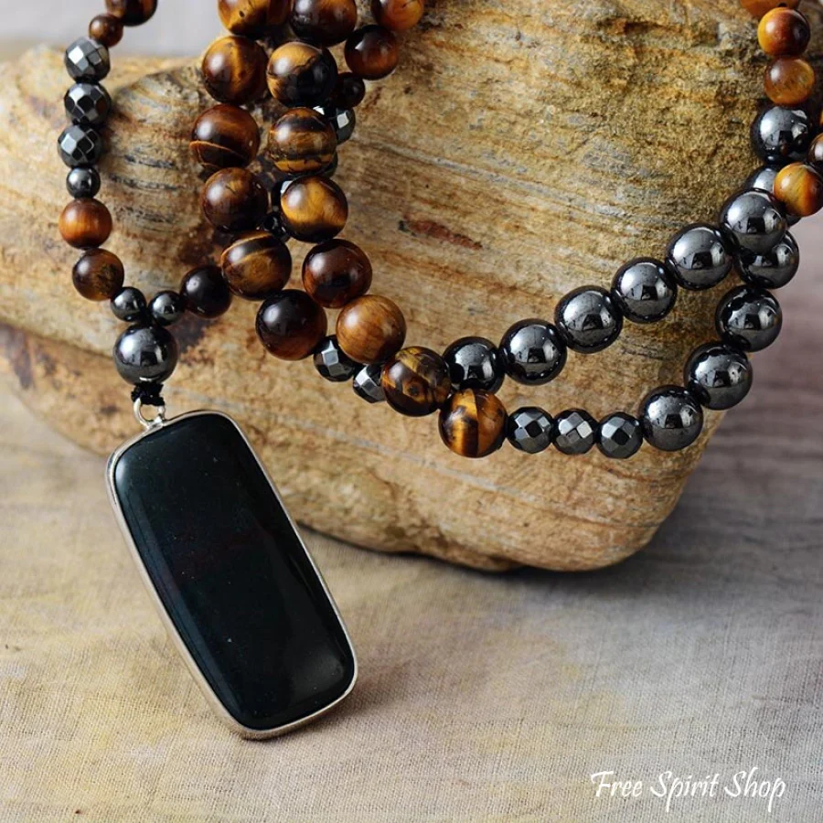 Natural Tiger Eye Hematite & Black Onyx Bead Necklace - Image 2
