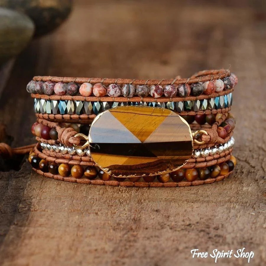Natural Tiger Eye & Jasper Beaded Wrap Bracelet