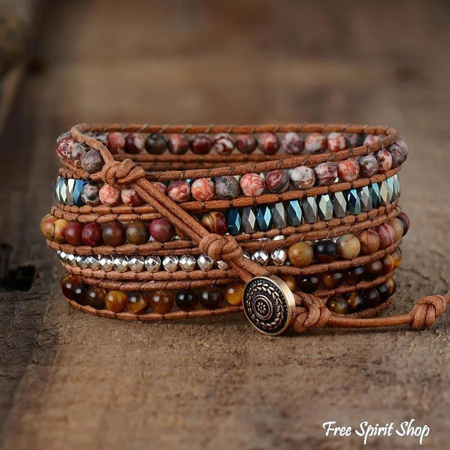 Natural Tiger Eye & Jasper Beaded Wrap Bracelet - Image 2