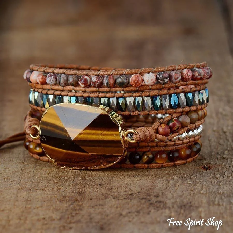 Natural Tiger Eye & Jasper Beaded Wrap Bracelet - Image 3