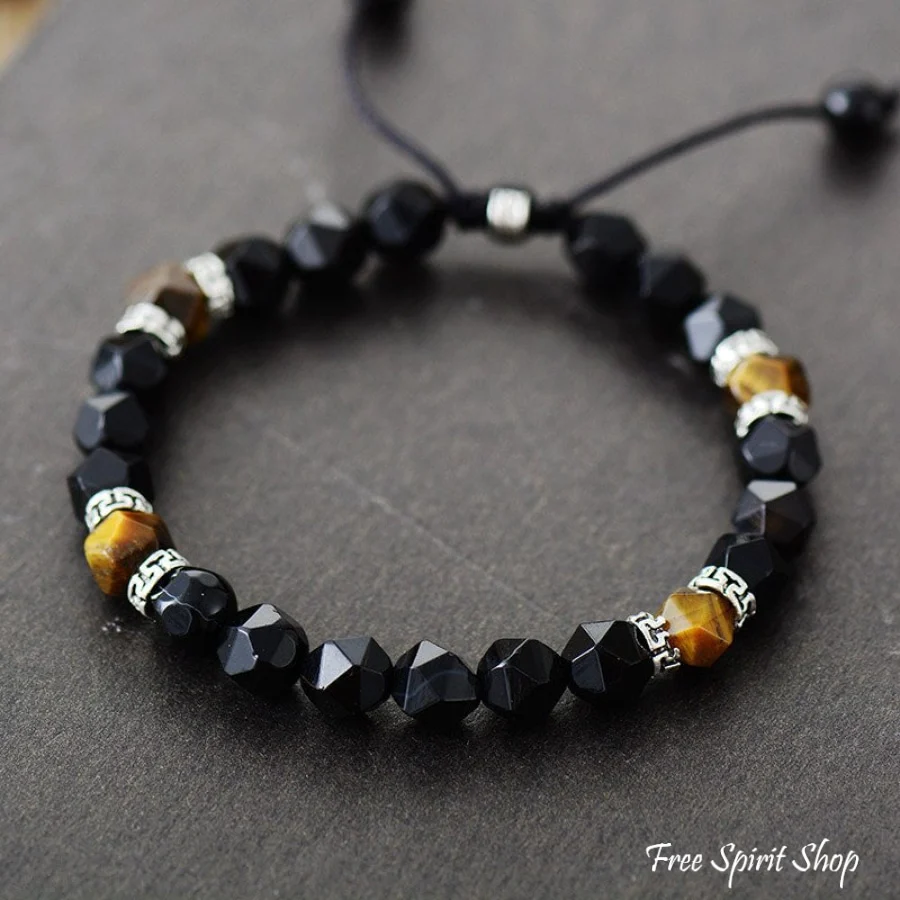 Natural Tiger Eye & Matte Black Onyx Faceted Bead Bracelet - Image 2