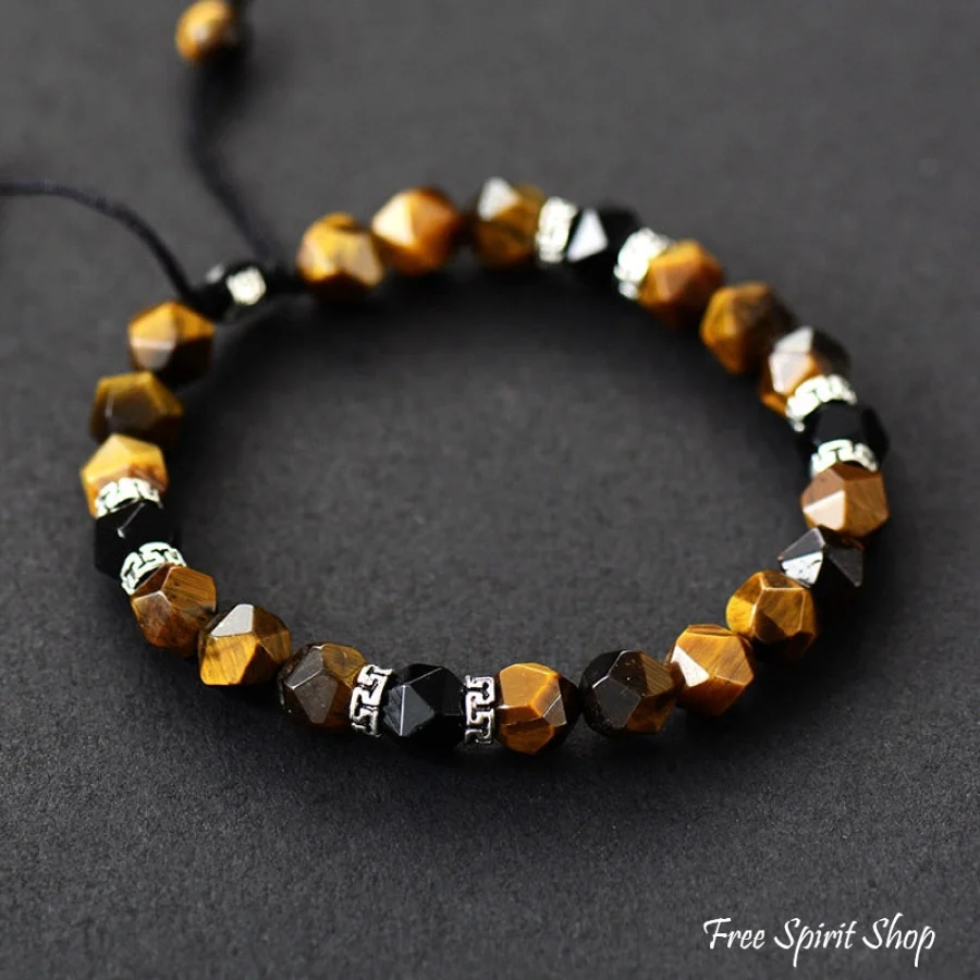 Natural Tiger Eye & Matte Black Onyx Faceted Bead Bracelet - Image 3
