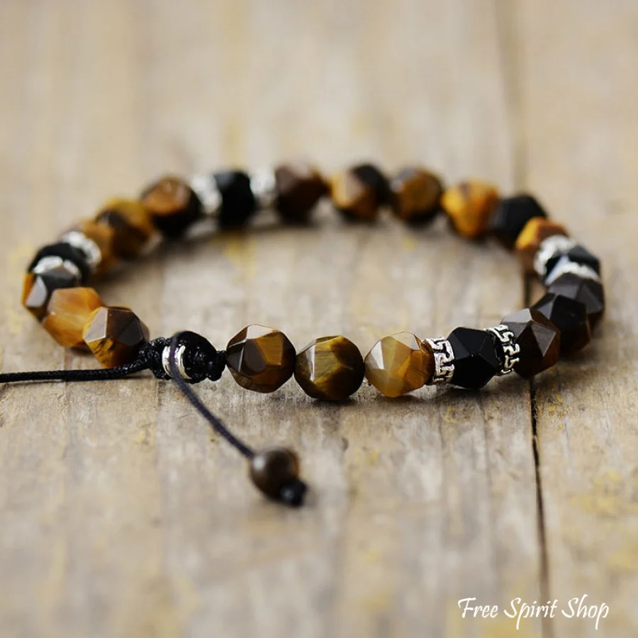 Natural Tiger Eye & Matte Black Onyx Faceted Bead Bracelet - Image 4