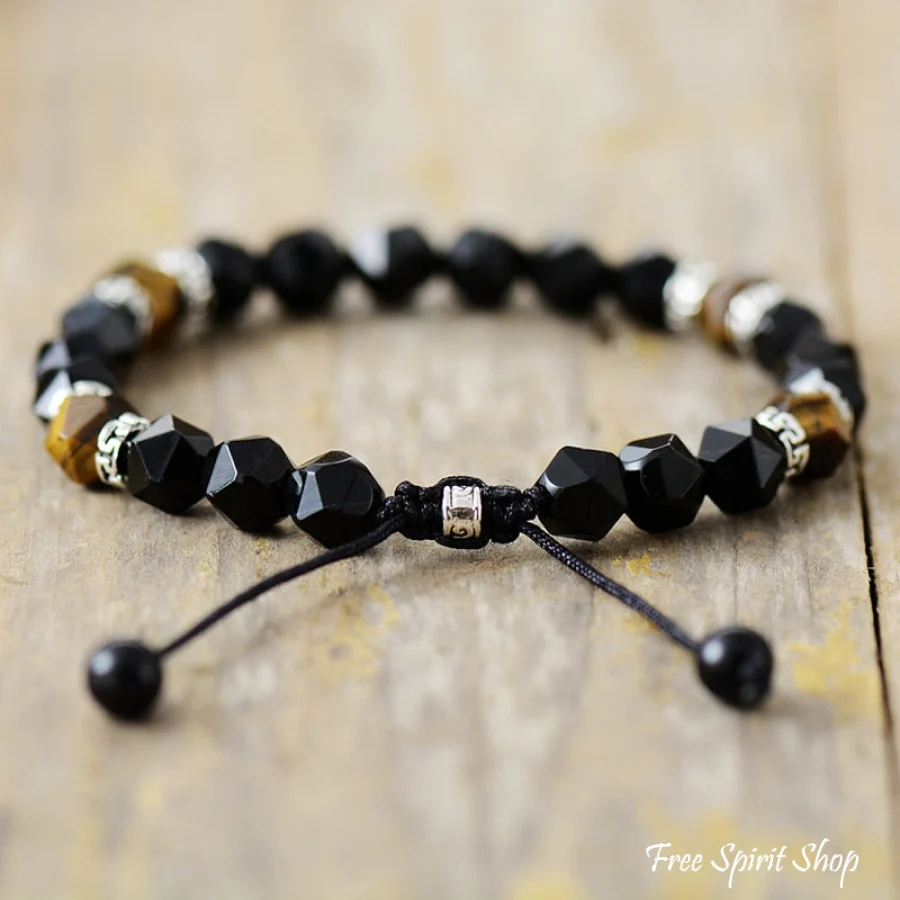 Natural Tiger Eye & Matte Black Onyx Faceted Bead Bracelet - Image 5