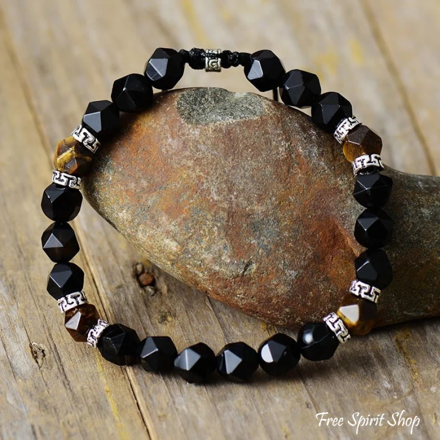 Natural Tiger Eye & Matte Black Onyx Faceted Bead Bracelet - Image 6