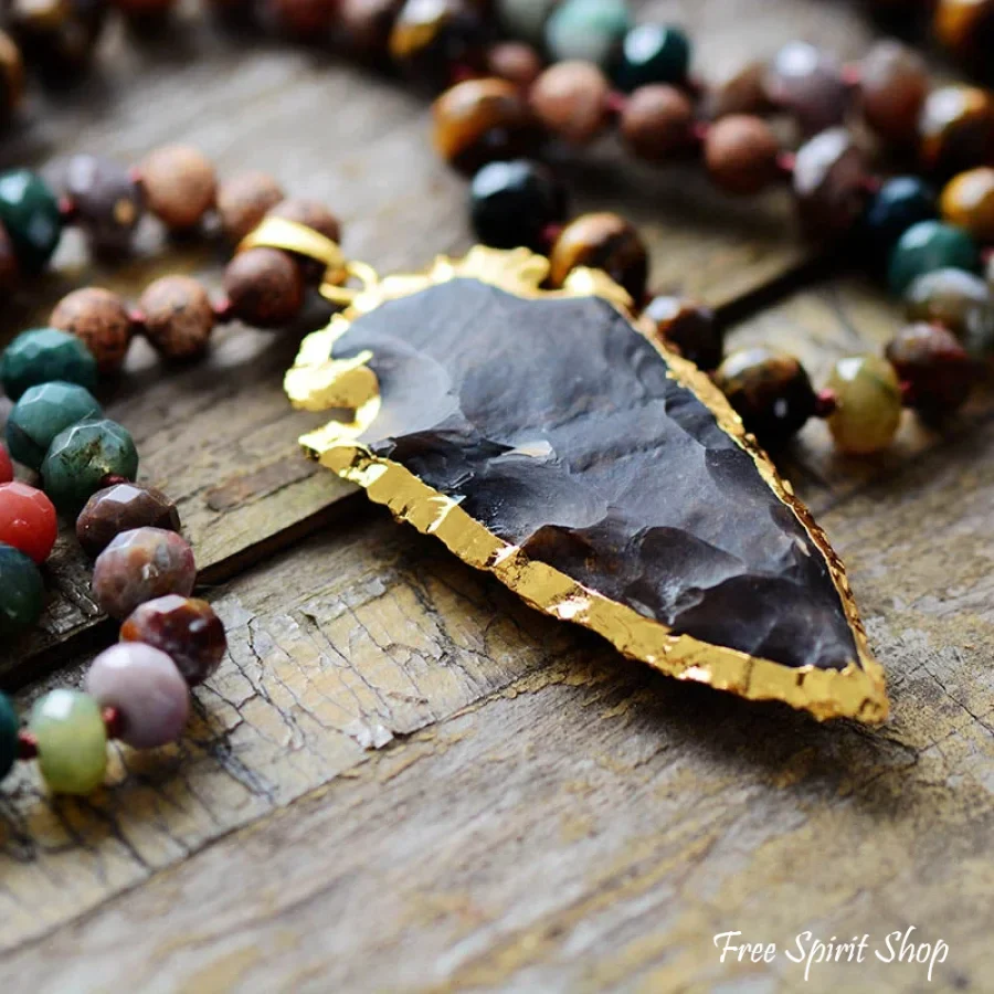 Handmade Natural Tiger Eye & Onyx Stone Necklace With Arrowhead Pendant - Image 3