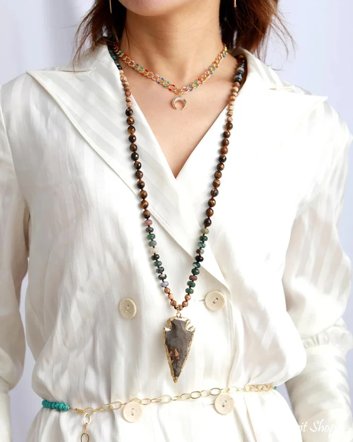 Handmade Natural Tiger Eye & Onyx Stone Necklace With Arrowhead Pendant - Image 4