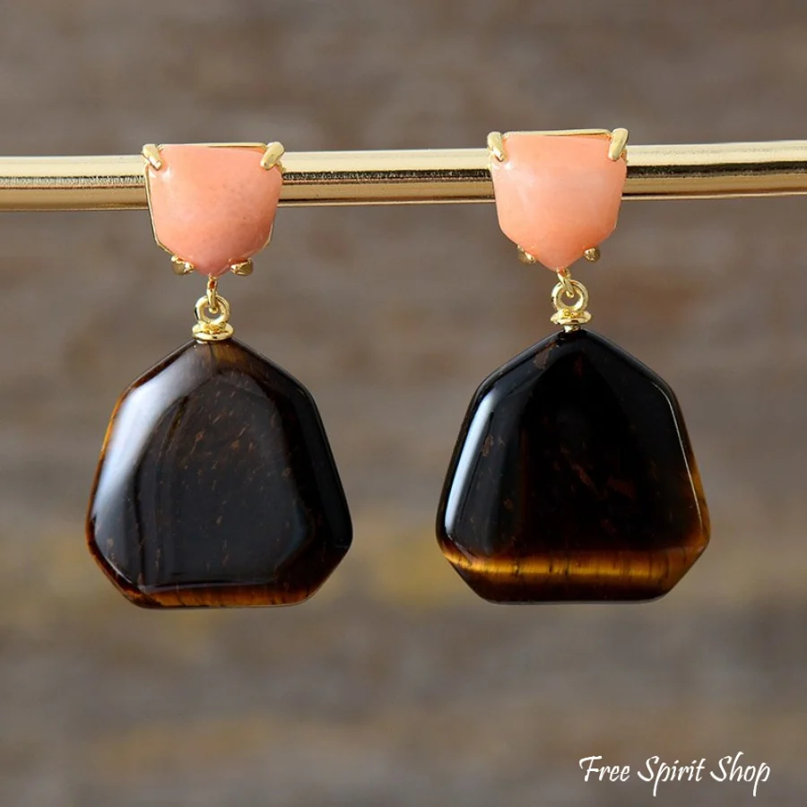 Natural Tiger Eye & Peach Stone Earrings - Image 2