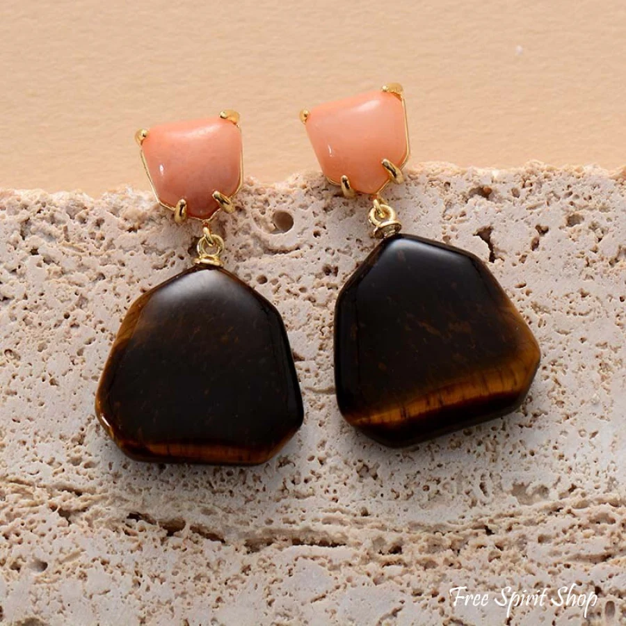 Natural Tiger Eye & Peach Stone Earrings - Image 3