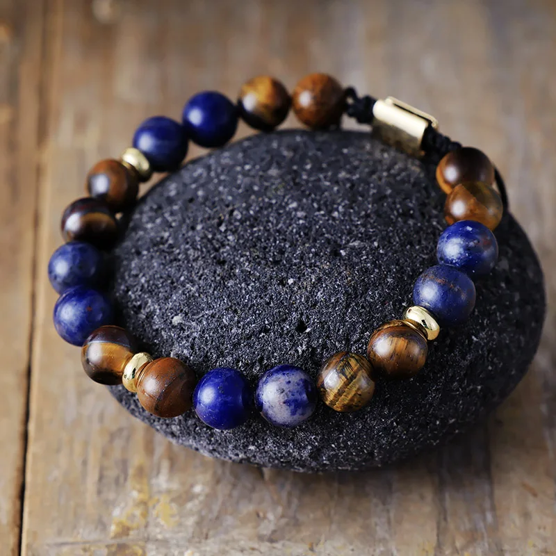 Natural Tiger Eye & Sodalite Adjustable Bead Bracelet - Image 3