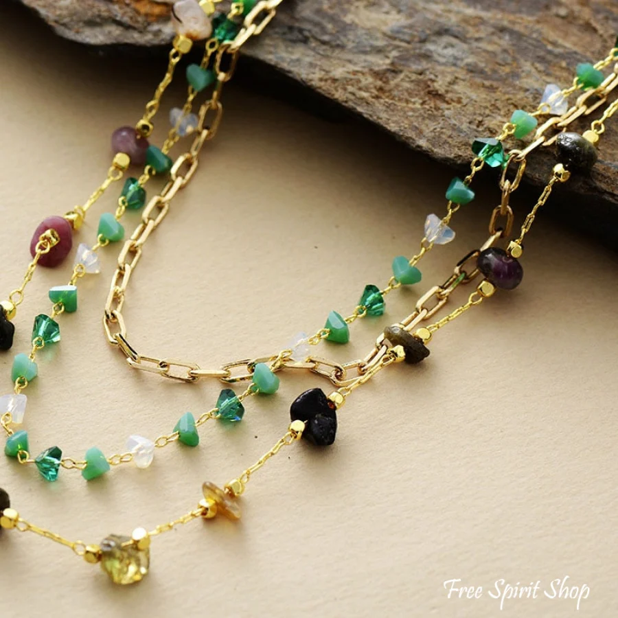 Natural Tourmaline & Green Aventurine Gold Chain Multi-Layer Necklace - Image 3