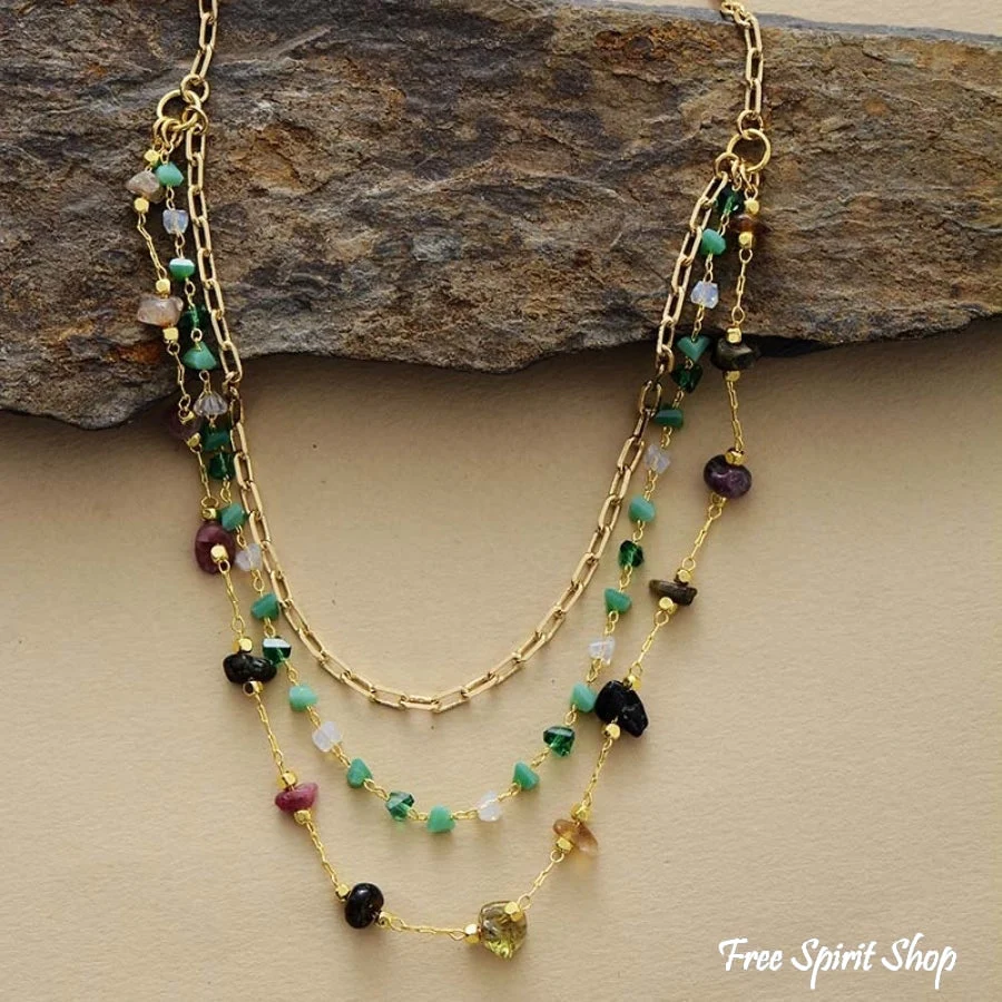 Natural Tourmaline & Green Aventurine Gold Chain Multi-Layer Necklace - Image 5
