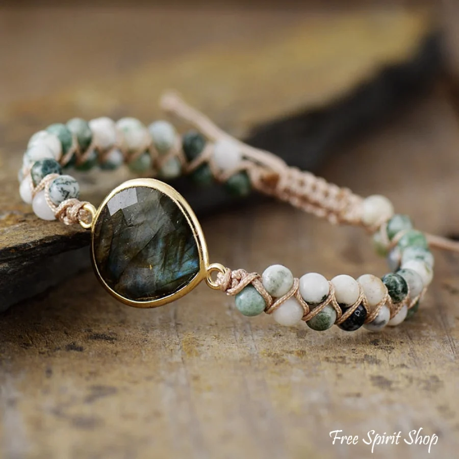 Natural Tree Agate & Labradorite Braided Bead Bracelet