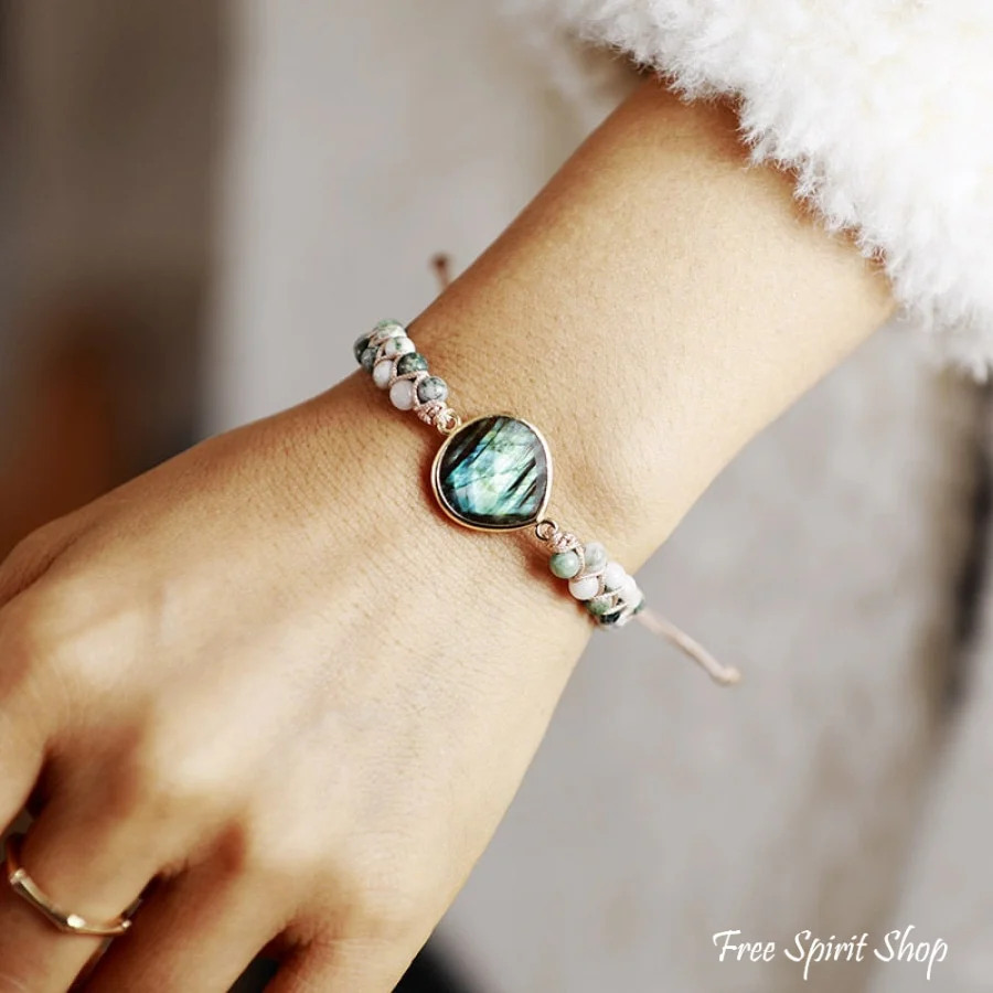 Natural Tree Agate & Labradorite Braided Bead Bracelet - Image 2