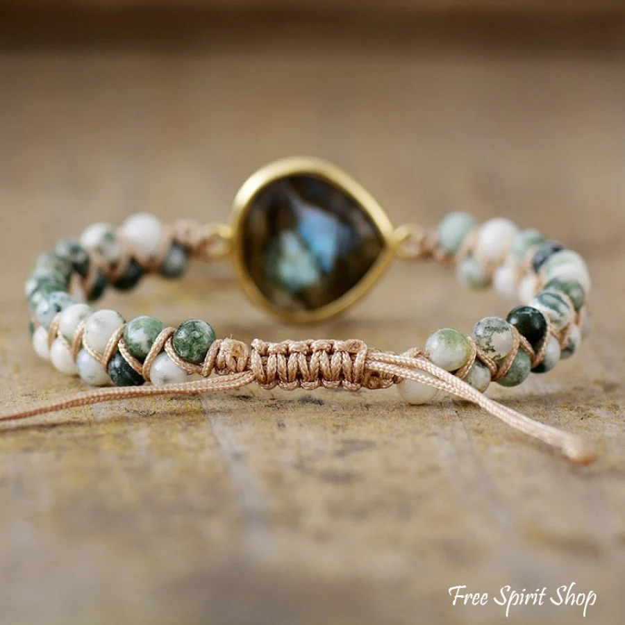 Natural Tree Agate & Labradorite Braided Bead Bracelet - Image 3
