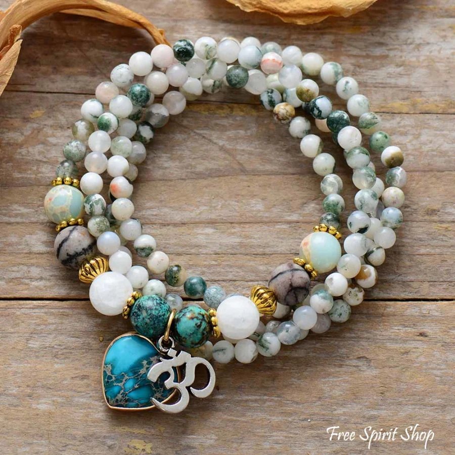 Natural Tree Agate & Ohm Charm Bead Bracelet / Necklace