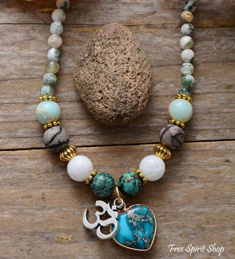 Natural Tree Agate & Ohm Charm Bead Bracelet / Necklace - Image 3