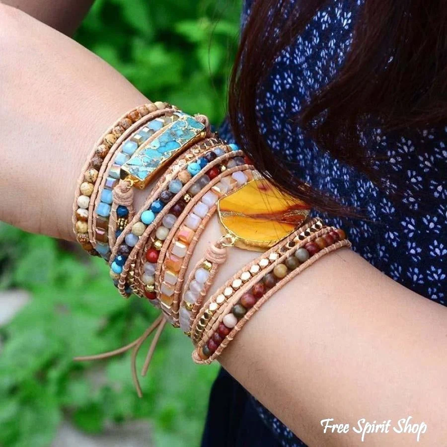Natural Turquoise & Jasper Beaded Wrap Bracelet - Image 2