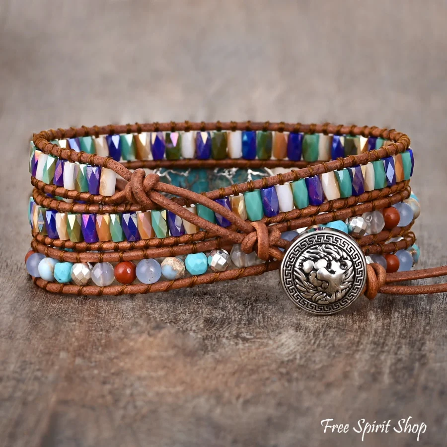 Natural Turquoise & Jasper Silver Wrap Bracelet - Image 2