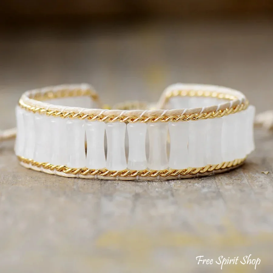 Natural White Jade & Gold Chain Adjustable Bracelet - Image 2