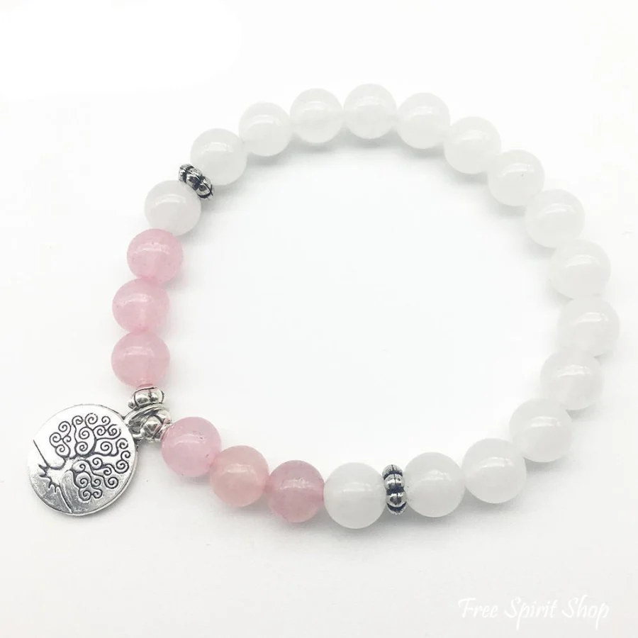 Natural White Jade & Rose Quartz Bead Mala Bracelet - Image 3
