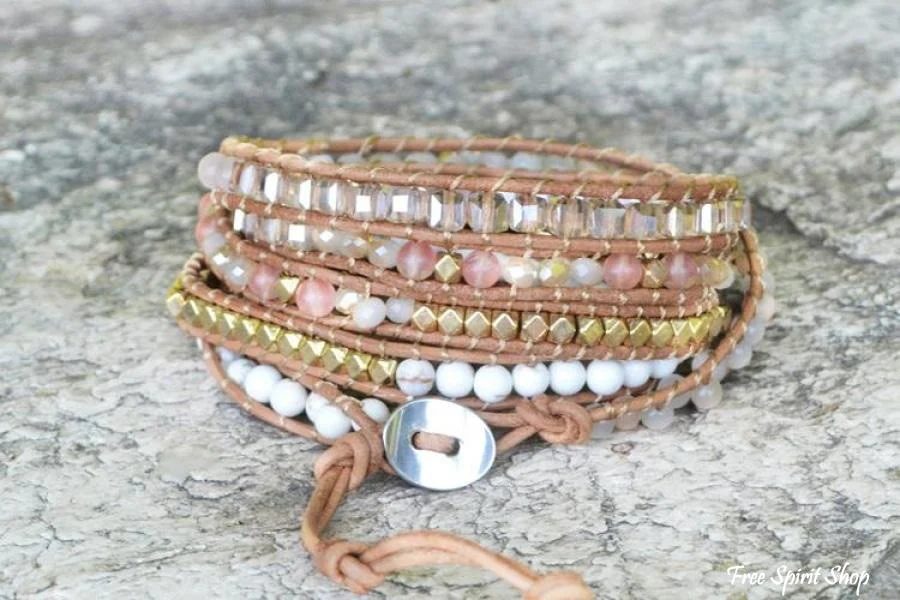 Natural White Selenite & Sunstone Wrap Bracelet - Image 4