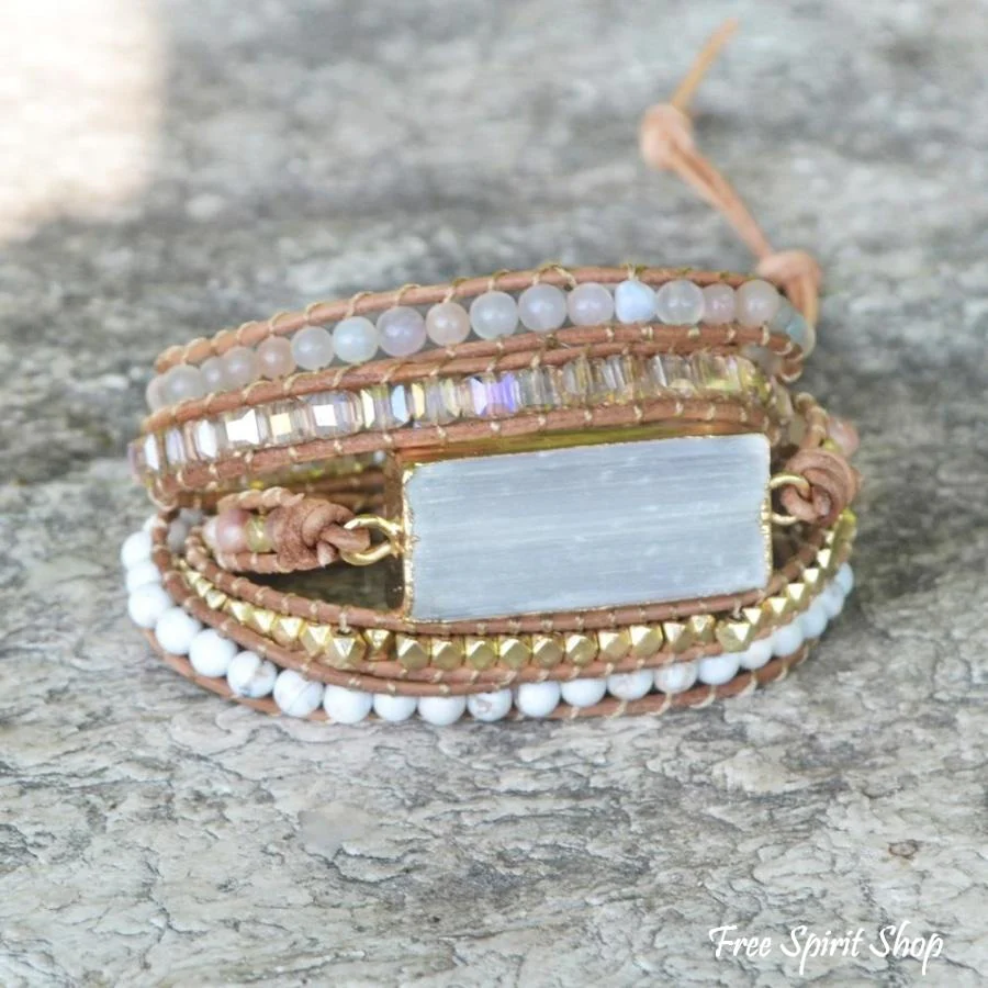 Natural White Selenite & Sunstone Wrap Bracelet - Image 5
