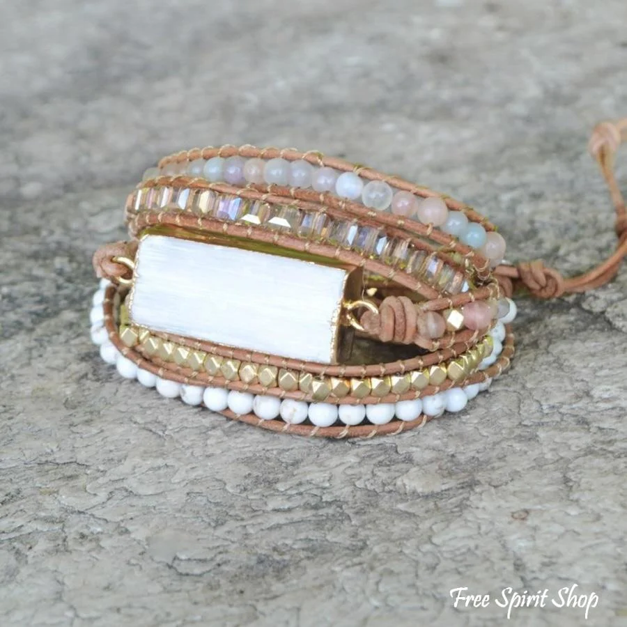 Natural White Selenite & Sunstone Wrap Bracelet - Image 6