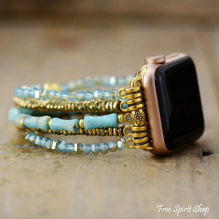 Ocean Blue & Gold Seed Bead Stretchable Apple Watch Band - Image 3