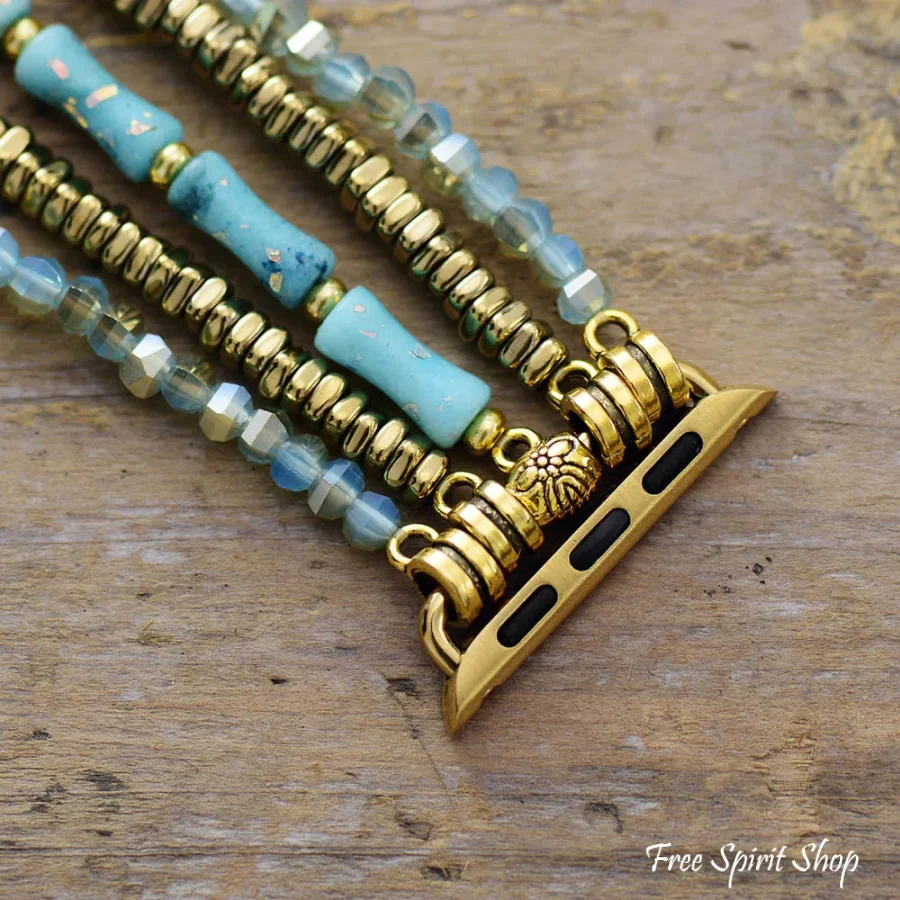 Ocean Blue & Gold Seed Bead Stretchable Apple Watch Band - Image 4