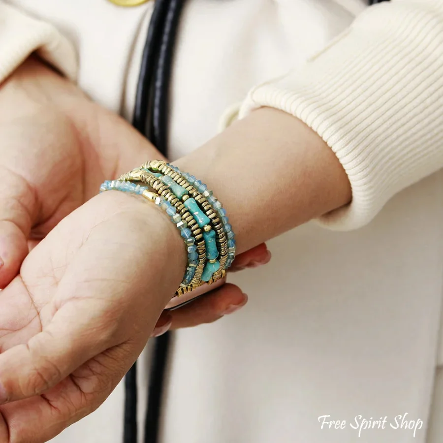 Ocean Blue & Gold Seed Bead Stretchable Apple Watch Band - Image 5
